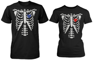 skeleton blue and red heart couple t shirts