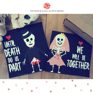 Cute boyfriend girlfriend skeleton couple shirts for Halloween