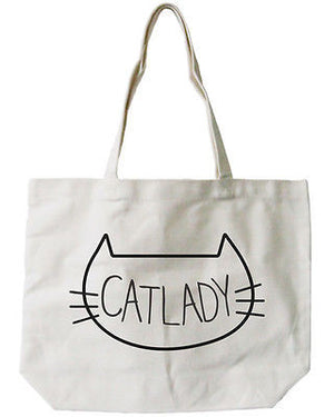 Women's Cat Lady Natural Canvas Tote Bag- 100% Cotton 18.5x14.25 inches - 365INLOVE