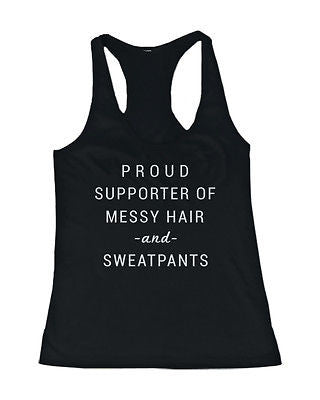 Women's Black Cotton Graphic Tank Top - Messy Hair and Sweatpants Lazy Tank - 365INLOVE