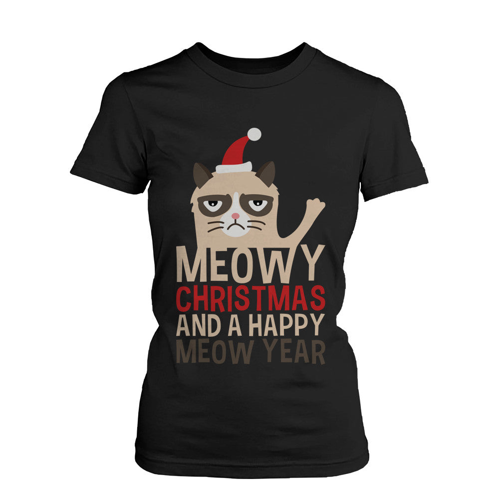 Women's Christmas Graphic Tees - Cute Grumpy Cat Meowy X-mas Black T-shirt - 365INLOVE