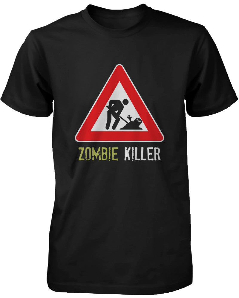 Zombie Killer Warning Sign Men's Shirt Funny Horror Halloween Black T-shirt - 365INLOVE