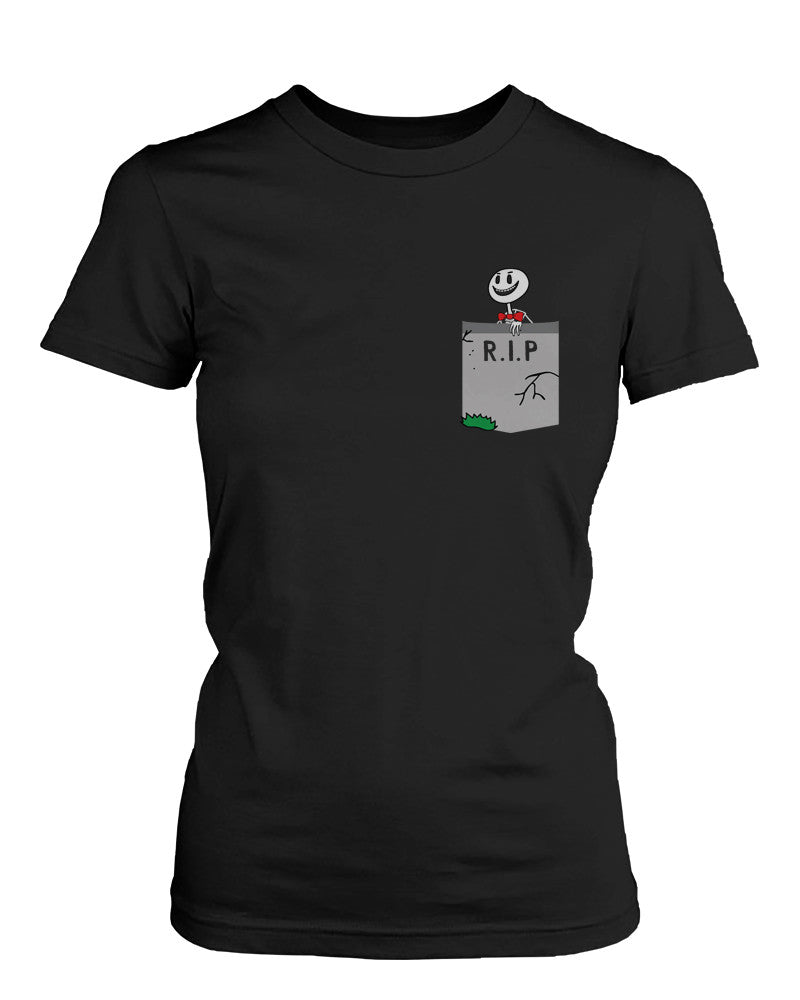 Skeleton with RIP Gravestone Pocket Print Women's T-Shirt Halloween Graphic Tees - 365INLOVE
