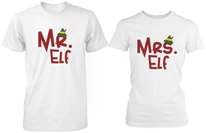 Mr Elf and Mrs Elf matching couple shirts