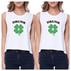 Drunk1 Drunk2 Women White Crop Tee Cute Best Friend Top St Patricks - 365INLOVE