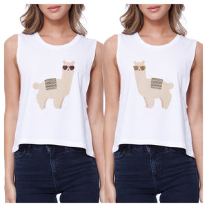 Llamas With Sunglasses BFF Matching White Crop Tops