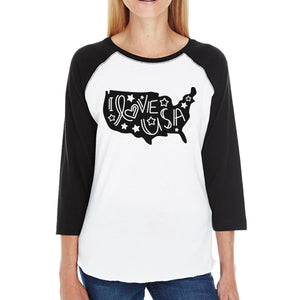 I Love USA Map Womens Cute Lettering Baseball Tee For 4th Of July - 365INLOVE