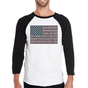 50 States Us Flag Mens Black Graphic Raglan Tee Cotton Round Neck - 365INLOVE