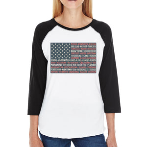 50 States Us Flag Womens Black Graphic Raglan Tee Cotton Round Neck - 365INLOVE