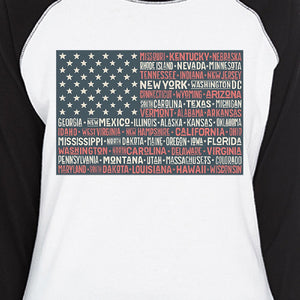 50 States Us Flag Womens Black Graphic Raglan Tee Cotton Round Neck - 365INLOVE