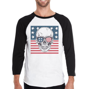 Skull American Flag Mens Black Raglan Shirt 3/4 Sleeve Crewneck - 365INLOVE