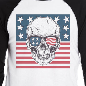 Skull American Flag Mens Black Raglan Shirt 3/4 Sleeve Crewneck - 365INLOVE