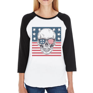 Skull American Flag Womens Black Raglan Shirt 3/4 Sleeve Crewneck - 365INLOVE