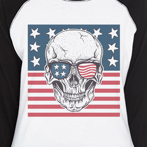 Skull American Flag Womens Black Raglan Shirt 3/4 Sleeve Crewneck - 365INLOVE