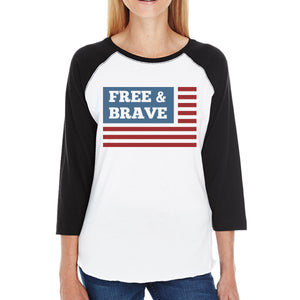 Free & Brave Us Flag Womens Black Raglan Tee Shirt Cotton Crewneck - 365INLOVE