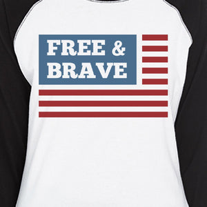 Free & Brave Us Flag Womens Black Raglan Tee Shirt Cotton Crewneck - 365INLOVE