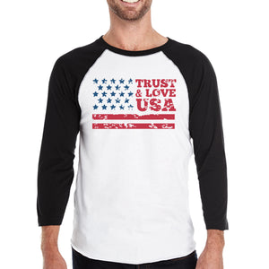 Trust & Love USA Mens Black Raglan T-Shirt 3/4 Sleeve Round Neck - 365INLOVE