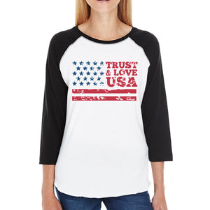 Trust & Love USA Womens Black Raglan T-Shirt 3/4 Sleeve Round Neck - 365INLOVE