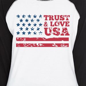 Trust & Love USA Womens Black Raglan T-Shirt 3/4 Sleeve Round Neck - 365INLOVE