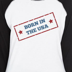 Born In The USA Womens Black Baseball Tshirt 3/4 Sleeve Graphic Tee - 365INLOVE