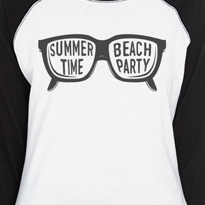 Summer Time Beach Party Womens Black And White Baseball Shirt