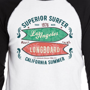 Superior Surfer Los Angeles Longboard Mens Black And White Baseball Shirt
