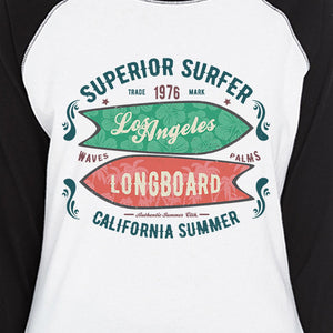 Superior Surfer Los Angeles Longboard Womens Black And White Baseball Shirt