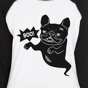 Boo French Bulldog Ghost Womens Black And White BaseBall Shirt