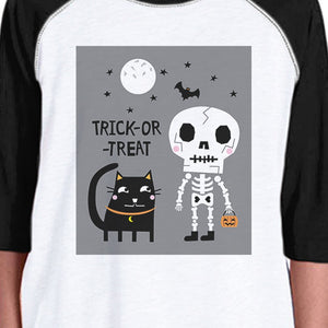 Trick-Or-Treat Skeleton Black Cat Kids Black And White BaseBall Shirt
