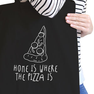 Home Is Where Pizza Black Canvas Bag Cute Graphic Printed Eco Bag - 365INLOVE