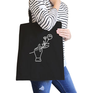 Hand Holding Flower Black Cotton Canvas Bag School Bag Craft Bag - 365INLOVE