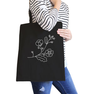 Flower Black Cotton Canvas Tote Bag Cute Gift Ideas For Friends - 365INLOVE