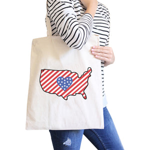 USA Map American Flag Cotton Shoulder Bag Cute Heart Design Tote - 365INLOVE