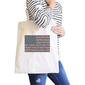 50 States Us Flag Natural Washable Canvas Tote Bag 4th Of July Gift - 365INLOVE