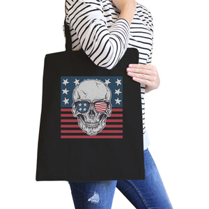 Skull American Flag Black Reusable Canvas Tote Bag July 4th Gifts - 365INLOVE