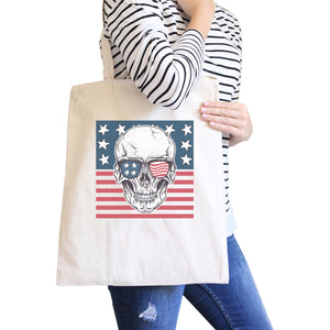 Skull American Flag Natural Reusable July 4th Canvas Shoulder Bag - 365INLOVE