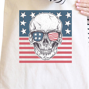 Skull American Flag Natural Reusable July 4th Canvas Shoulder Bag - 365INLOVE