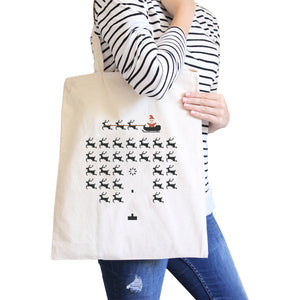 Pixel Game Santa And Rudolph Natural Canvas Bags