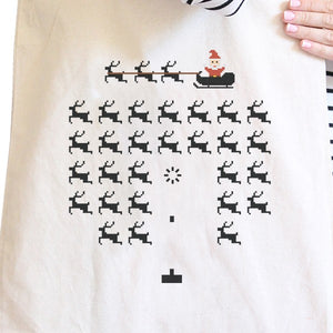 Pixel Game Santa And Rudolph Natural Canvas Bags