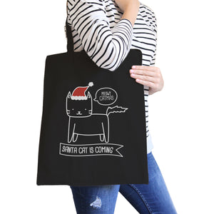 Meowy Catmas Santa Cat Is Coming Black Canvas Bags