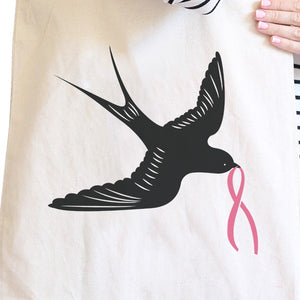 Pink Ribbon And Swallows Birds Natural Canvas Bags