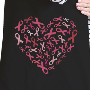 Pink Ribbon Heart Black Canvas Bags