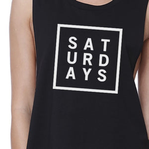 Saturdays Womens Black Sleeveless Crop Top Trendy Typography Shirt - 365INLOVE