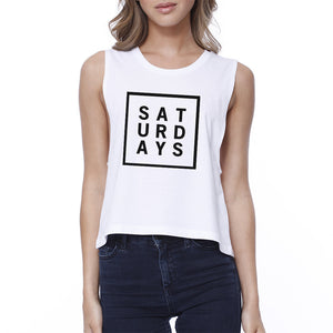 Saturdays Womens White Sleeveless Crop Top Trendy Typography Shirt - 365INLOVE