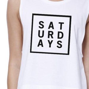 Saturdays Womens White Sleeveless Crop Top Trendy Typography Shirt - 365INLOVE