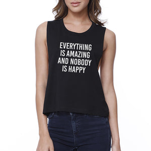 Everything Nobody Happy Womens Black Sleeveless Crop Top Gym Shirt - 365INLOVE