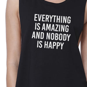 Everything Nobody Happy Womens Black Sleeveless Crop Top Gym Shirt - 365INLOVE