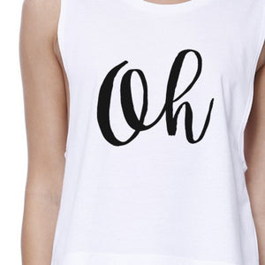 Oh Womens White Sleeveless Crop Shirt Cute Calligraphy Workout Top - 365INLOVE