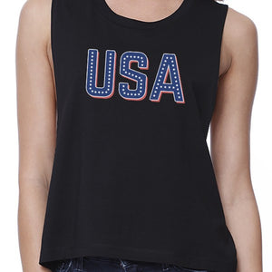 USA With Stars Womens Black Crop Top Unique USA Letter Printed Tee - 365INLOVE