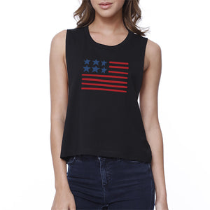 Cute USA Flag Design Womens Black Crop Top 4th of July Gift Ideas - 365INLOVE